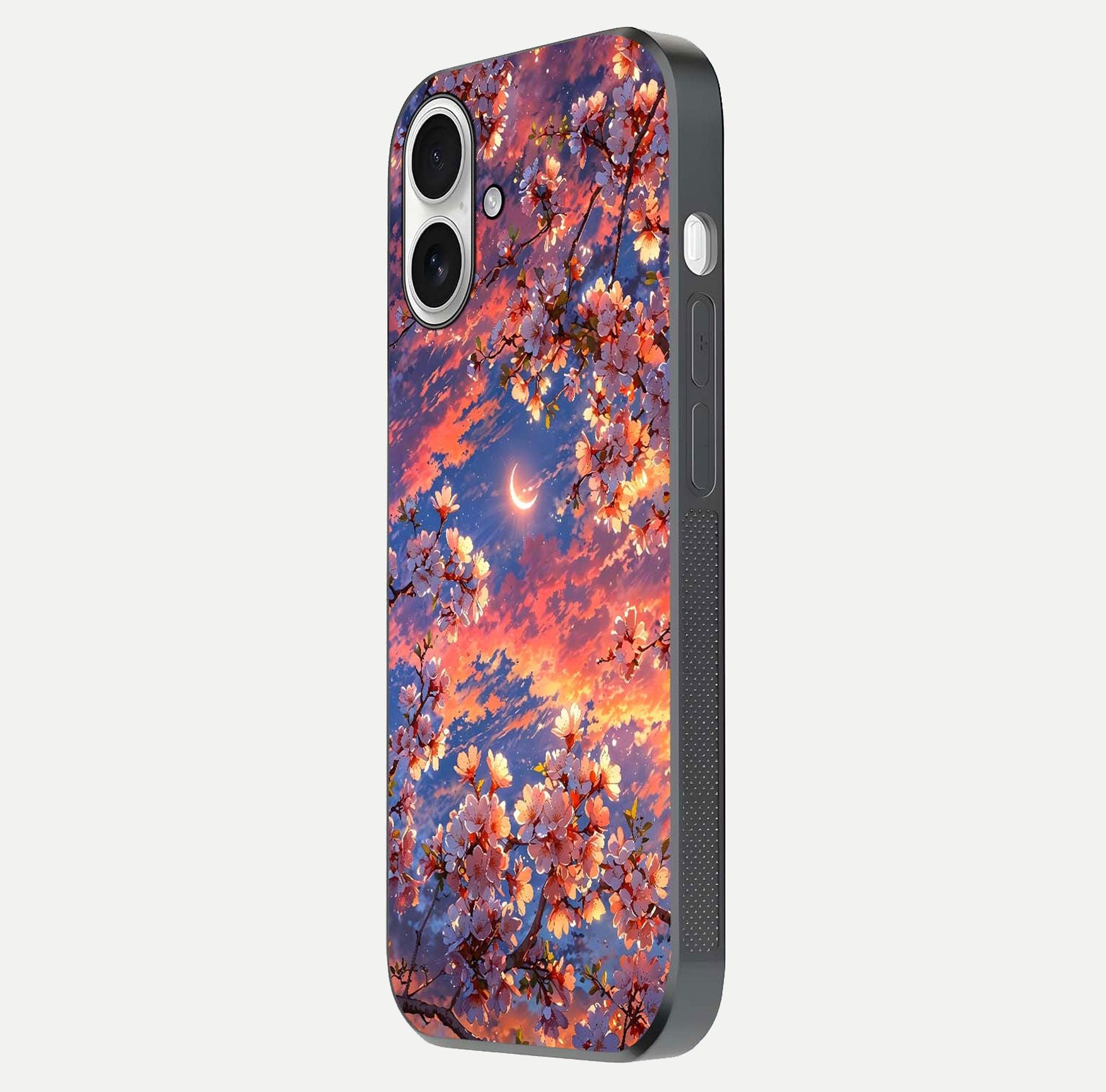 Celestial Sakura Sunset Glass Case for iPhone 17 side-angle image showing edge glow and petal texture