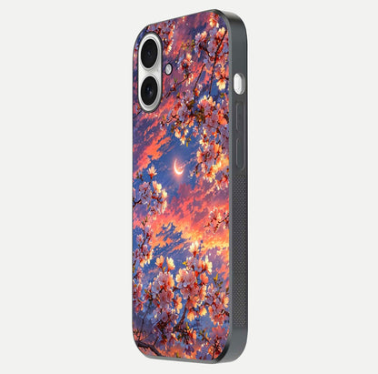 Celestial Sakura Sunset Glass Case for iPhone 17 side-angle image showing edge glow and petal texture