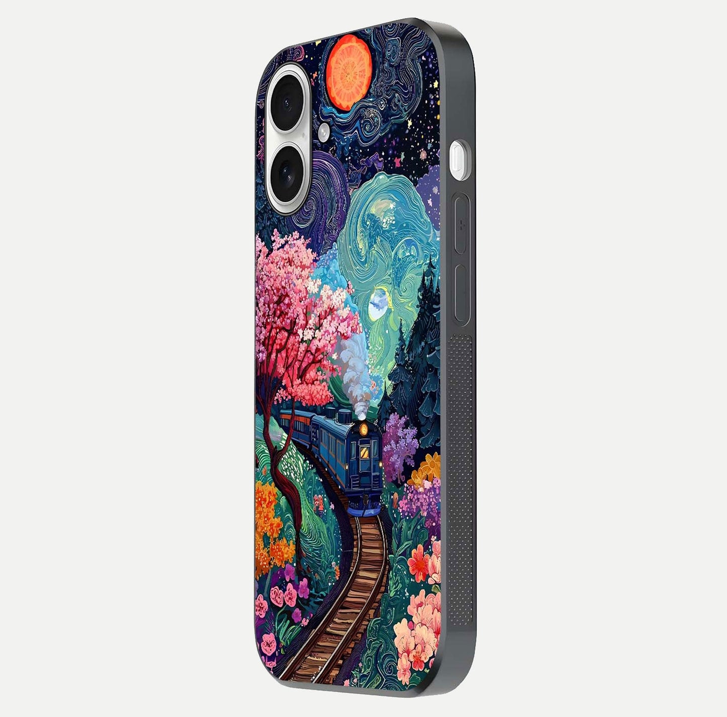 Celestial Train Journey Glass Case for iPhone 17 side-angle image showing polished curve and HD print detail