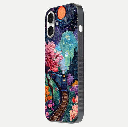 Celestial Train Journey Glass Case for iPhone 17 side-angle image showing polished curve and HD print detail