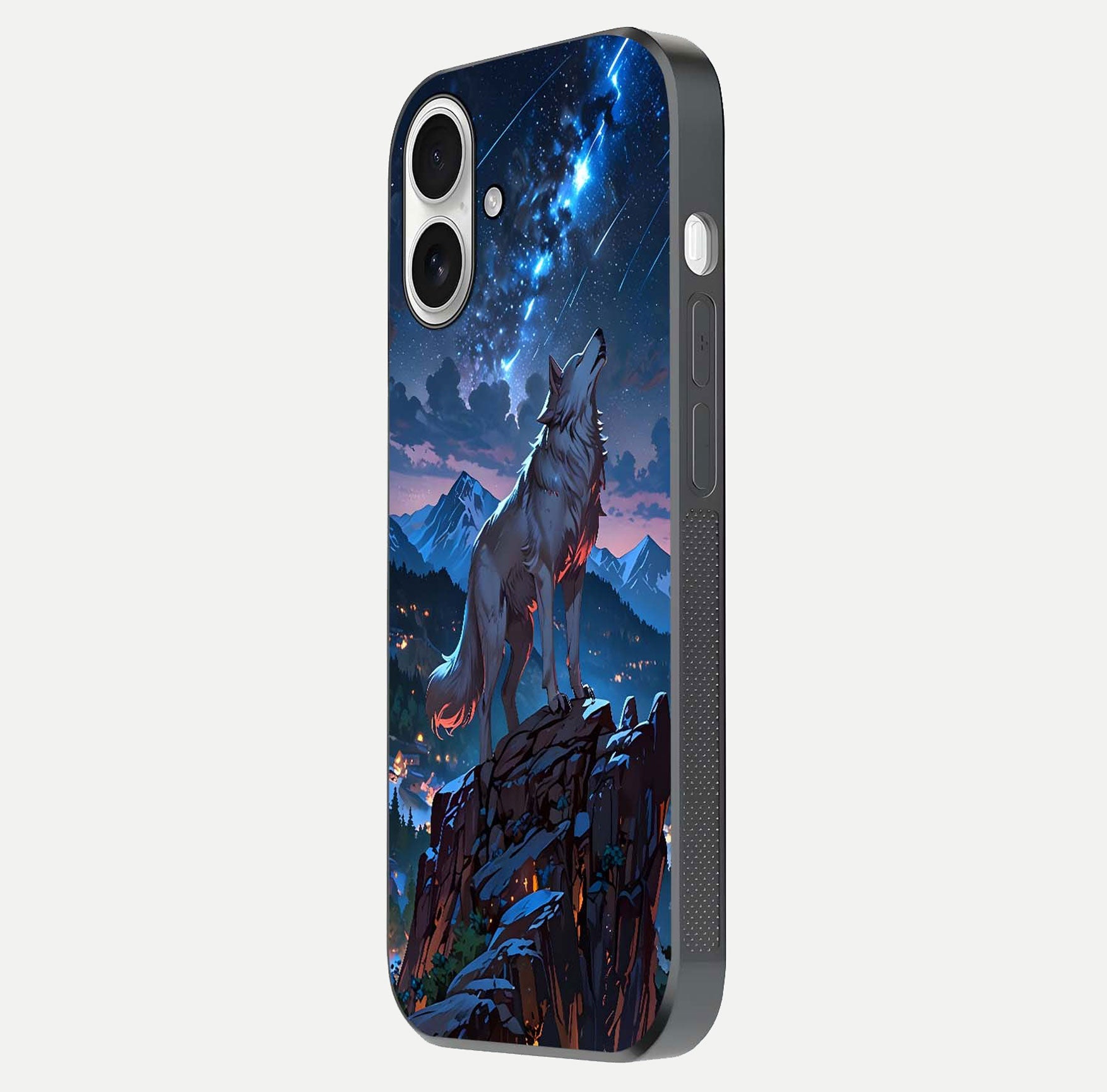 Celestial Wolf Howl Glass Case for iPhone 17 side-angle image showing curve polish and moon glow