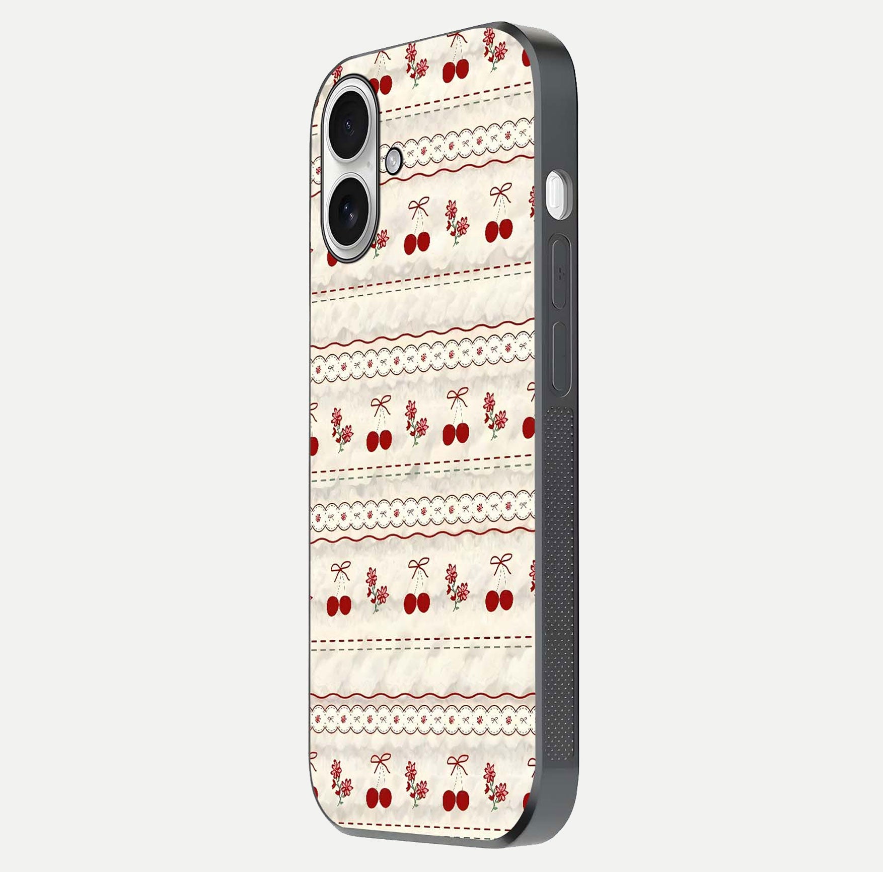 Cherry Bloom Charm Glass Case for iPhone 17 side-angle photo showing flower detail and edge light