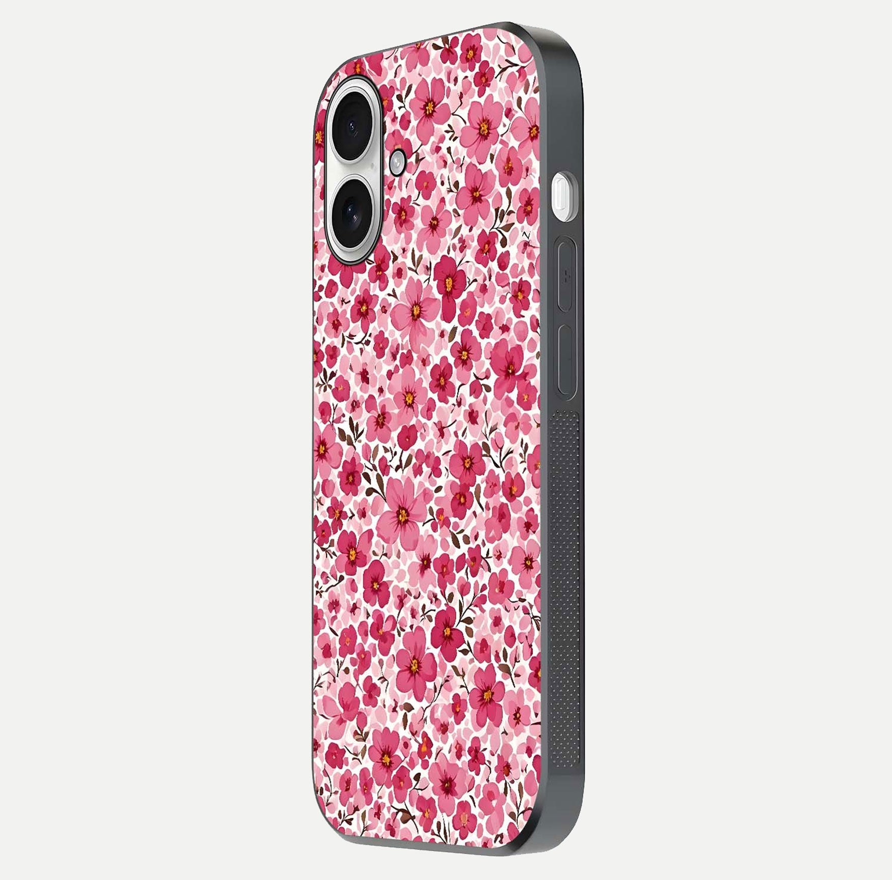Cherry Blossom Charm Glass Case for iPhone 17 side-angle image showing reflection gloss and soft texture