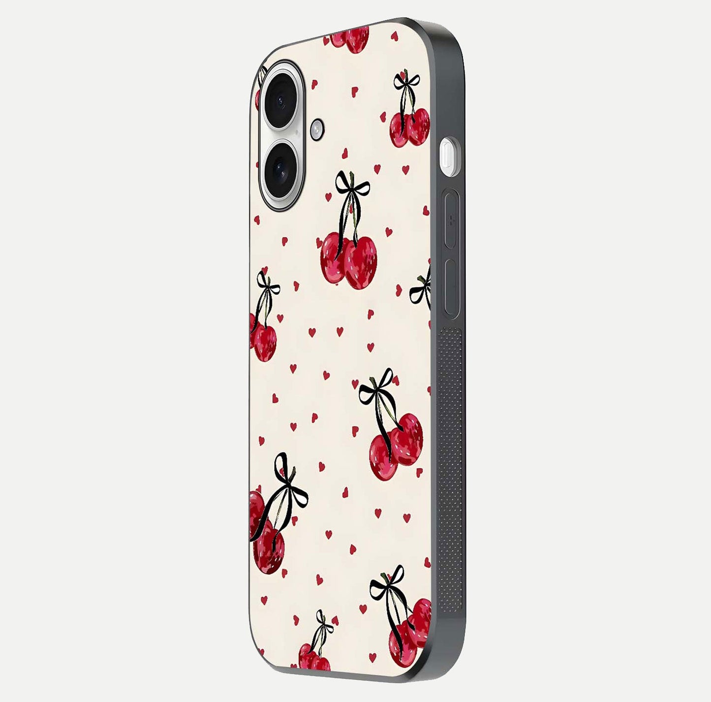 Cherry Heart Bow Glass Case for iPhone 17 side-angle image capturing gloss texture and charm bow art