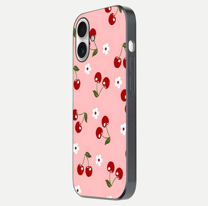Cherry Love Mood Glass Case for iPhone 17 side-angle image capturing smooth gloss and delicate details