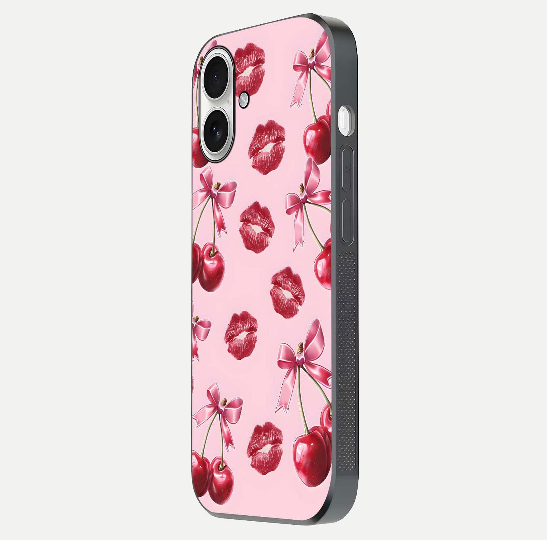 Cherry With Lips Glass Case for iPhone 17 side-angle image showing gloss reflection and fine details