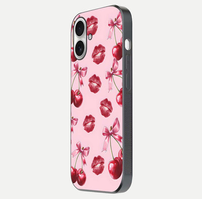 Cherry With Lips Glass Case for iPhone 17 side-angle image showing gloss reflection and fine details