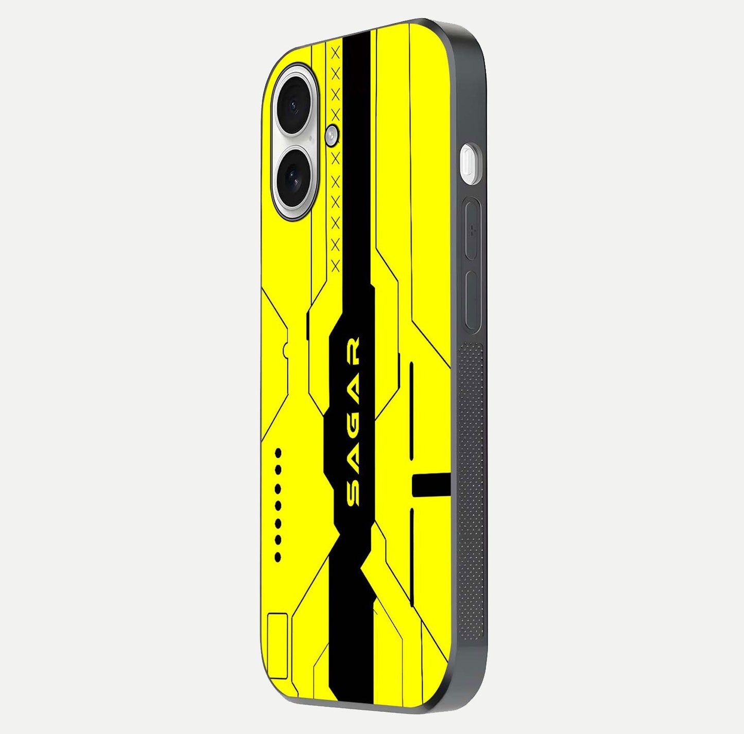 Circuit CYBERPUNK Custom Name Glass Case for iPhone 17 side-angle image showing reflective finish and design precision