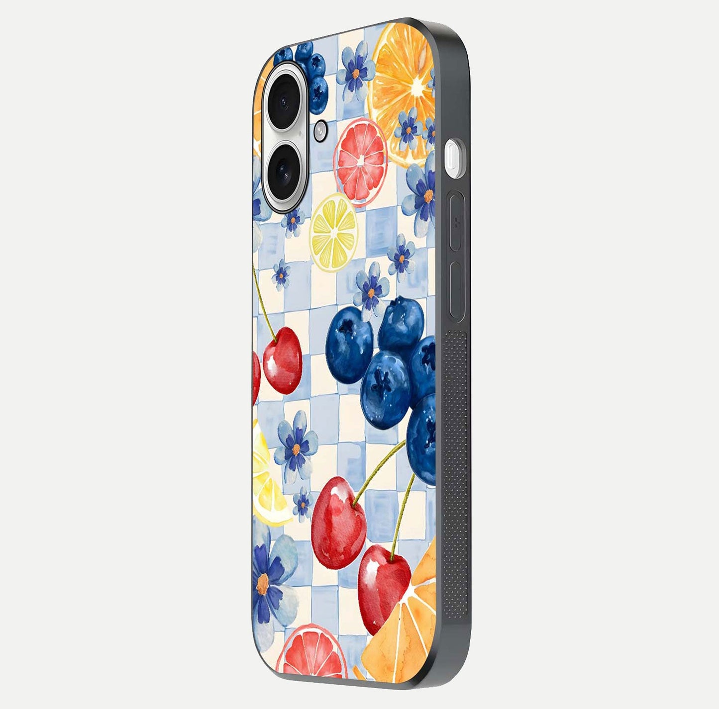 Citrus Bloom Joy Glass Case for iPhone 17 side-angle photo capturing bright color and glass reflection