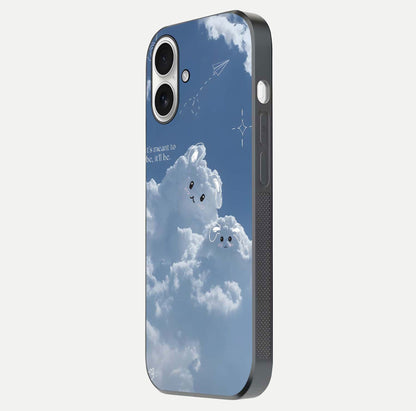 Cloud Bunny Dreams Glass Case for iPhone 17 side-angle image capturing gloss texture and edge glow