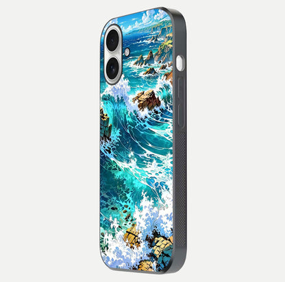 Coastal Blue Waves Glass Case for iPhone 17 side-angle photo showing gloss texture and color depth