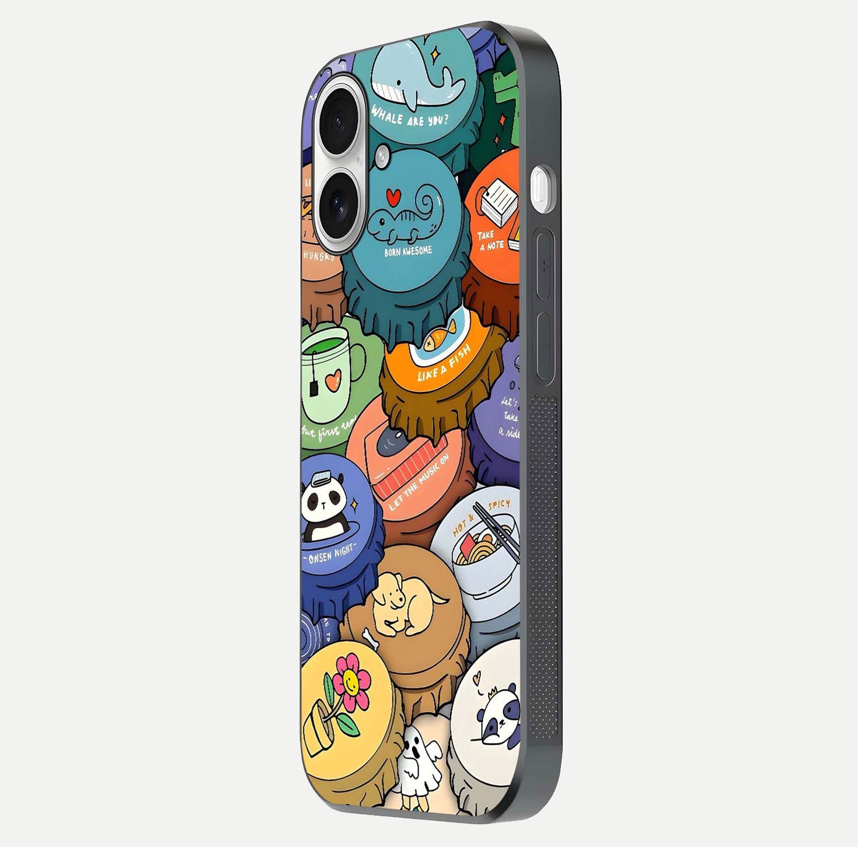 Coins Patterns Glass Case for iPhone 17 side-angle photo capturing shine finish and curve glow