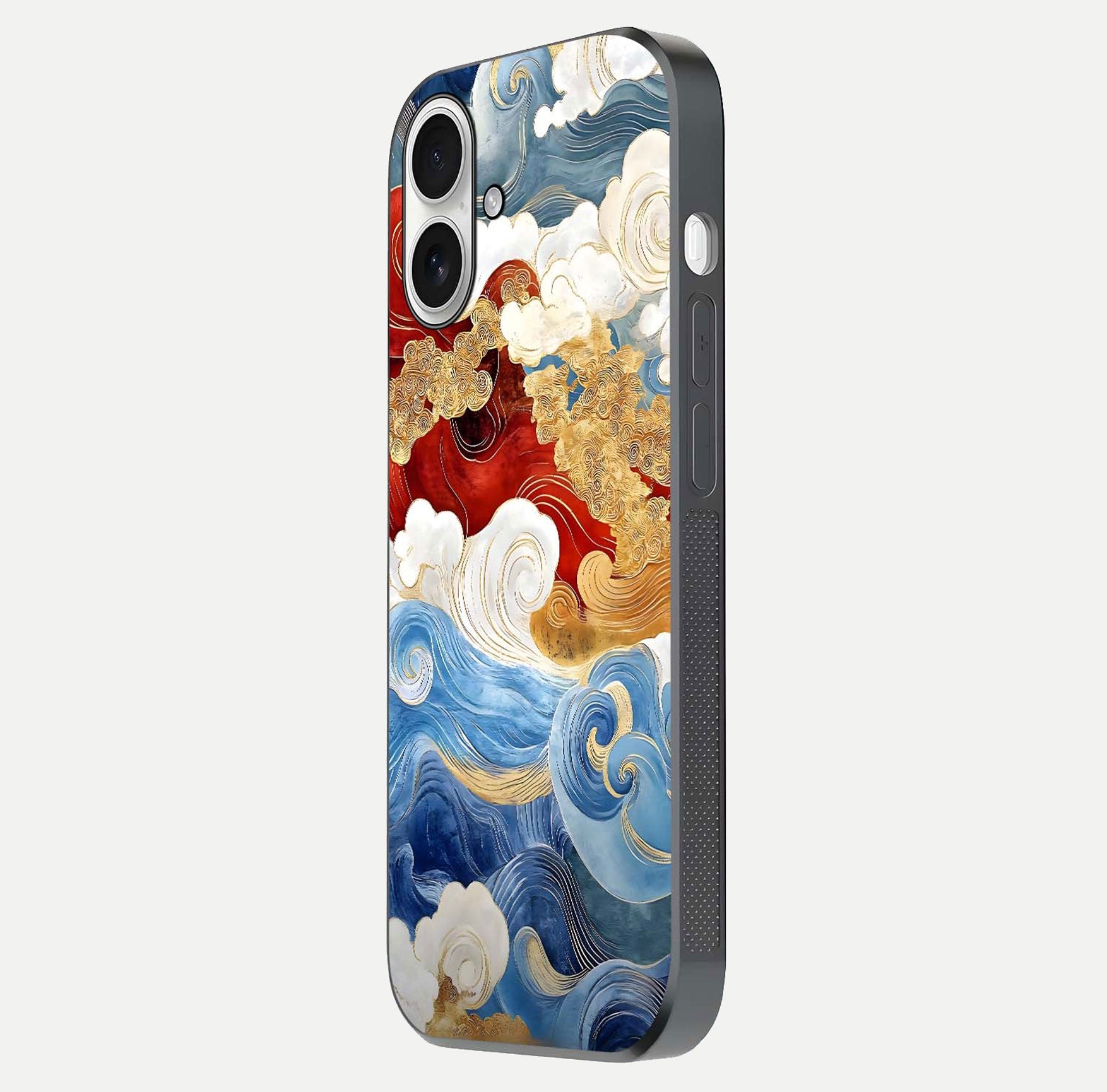 Colored Waves Glass Case for iPhone 17 side-angle image showing light reflection, edge design, and shine