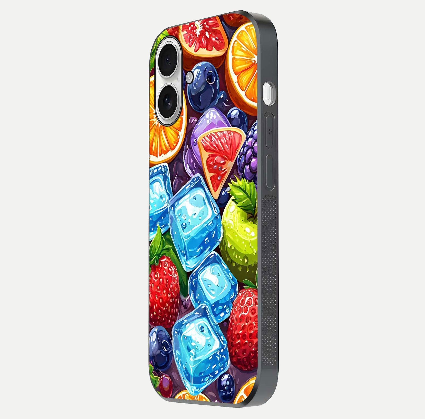 Colorful Fruits with Ice Glass Case for iPhone 17 side-angle photo showing curve gloss and vivid tones