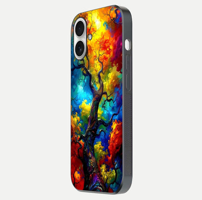 Colorful Tree Glass Case for iPhone 17 side-angle image showing curve reflection and fine print texture