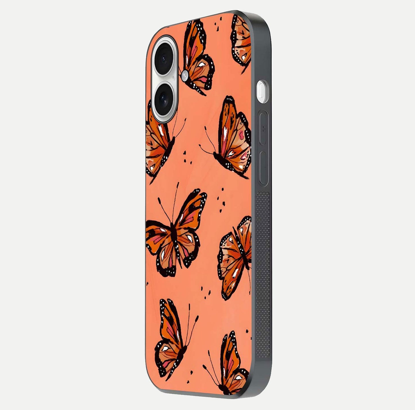 Coral Wing Butterfly Glass Case for iPhone 17 side-angle photo showing reflective finish and smooth edges