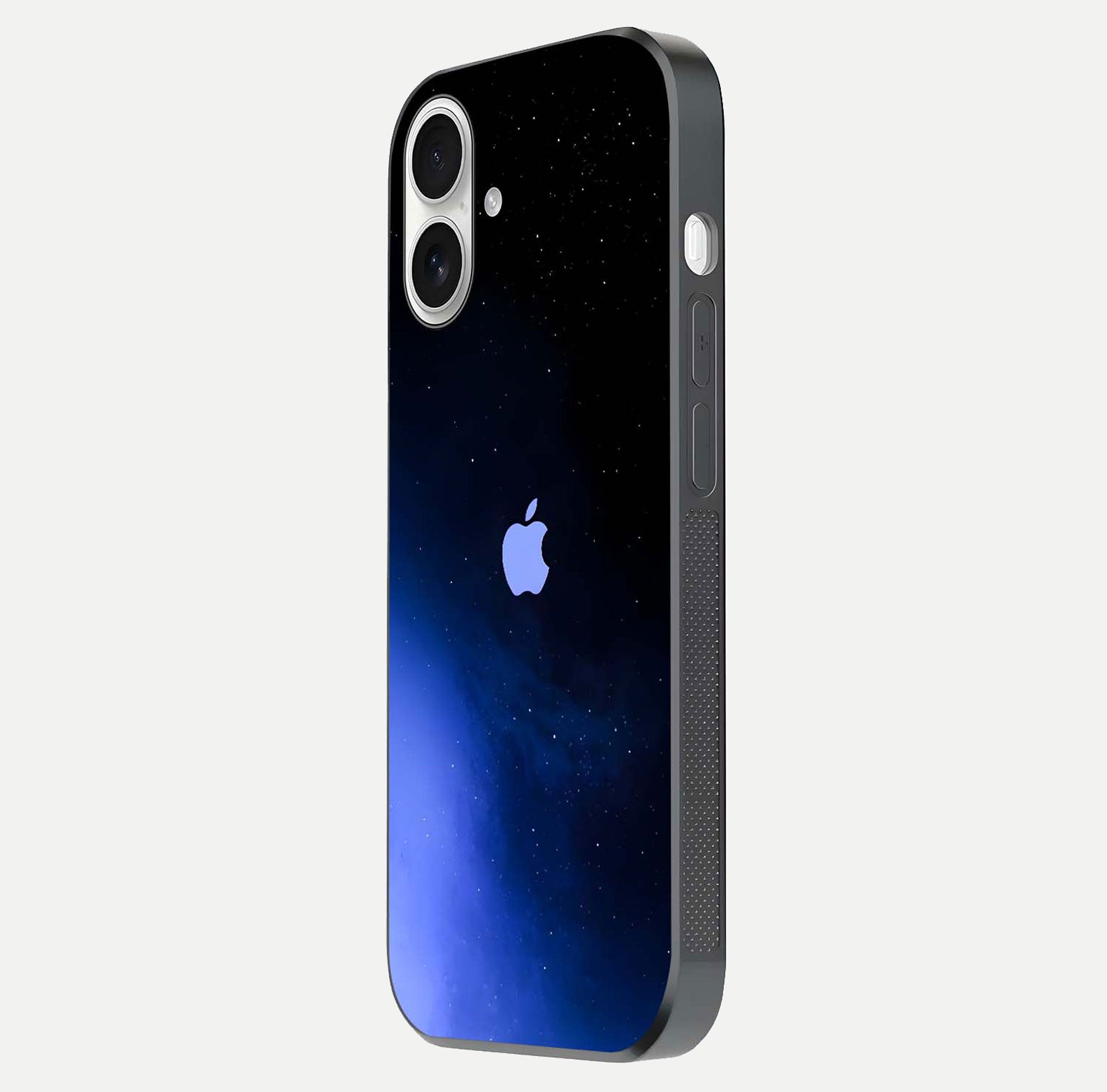 Cosmic Blue Apple Glass Case for iPhone 17 side-angle image showing curve polish and star detail