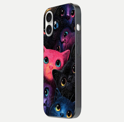 Cosmic Cats Dreams Glass Case for iPhone 17 side-angle photo showing edge gloss and color depth