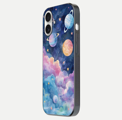 Cosmic Planet Dreams Glass Case for iPhone 17 side-angle image showing texture clarity and shine