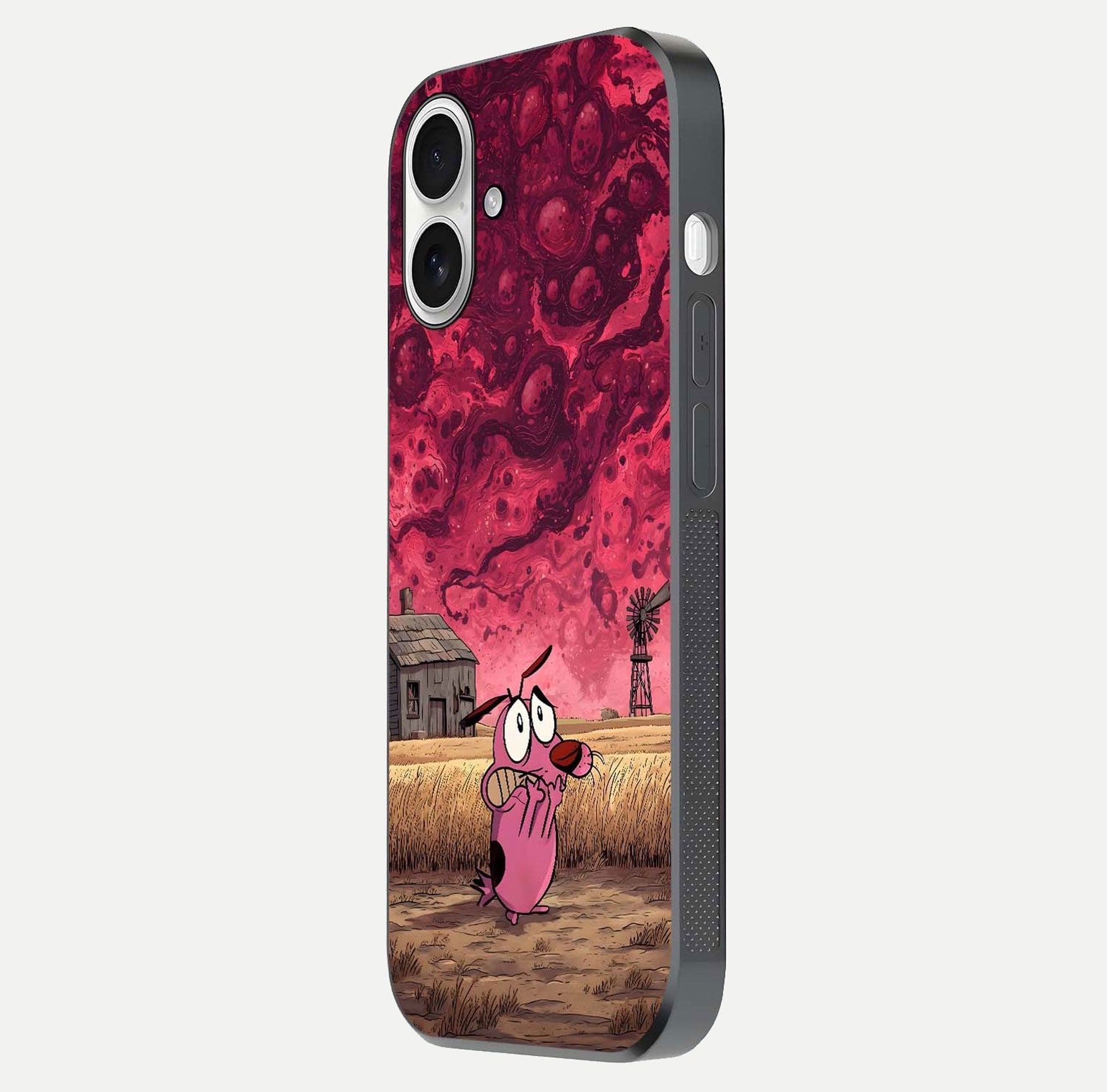 Courage Under Sky Glass Case for iPhone 17 side-angle photo showing gloss tone and curve highlight
