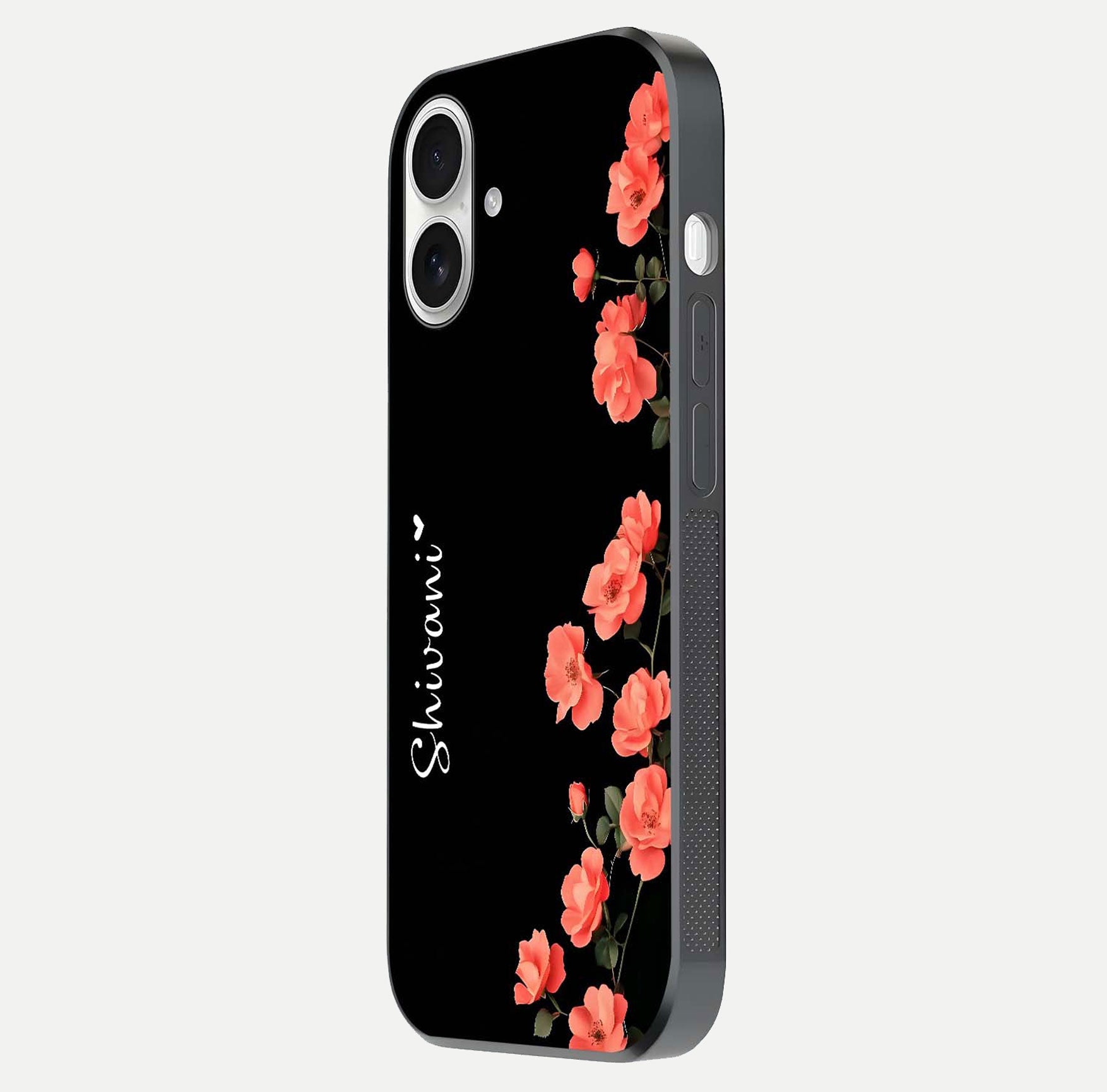Crimson Bloom Grace Custom Name Glass Case for iPhone 17 side-angle photo capturing edge glow and name clarity