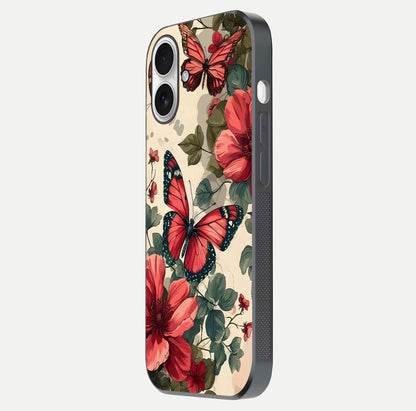 Crimson Butterfly Garden Glass Case for iPhone 17 side-angle photo capturing gloss texture and soft tone