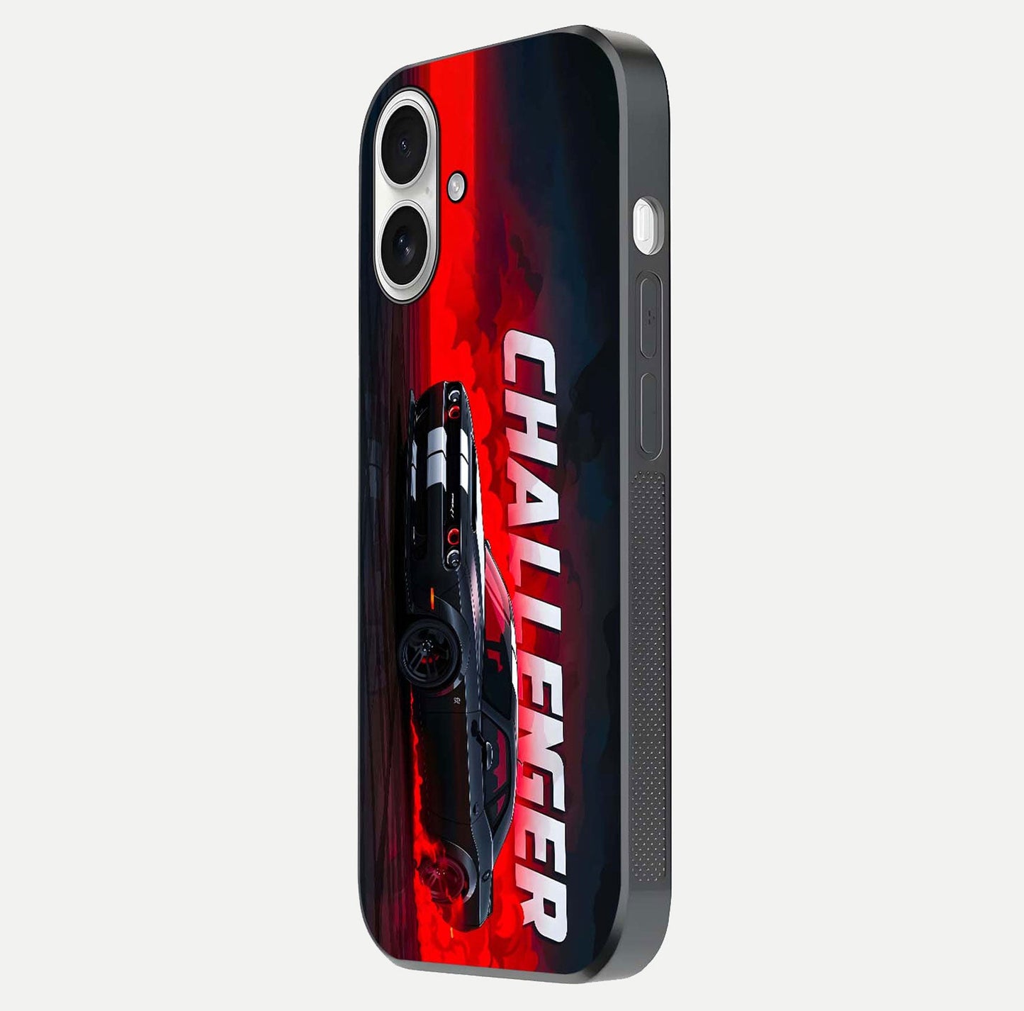Crimson Challenger Fury Glass Case for iPhone 17 side-angle image showing curve reflection and red finish