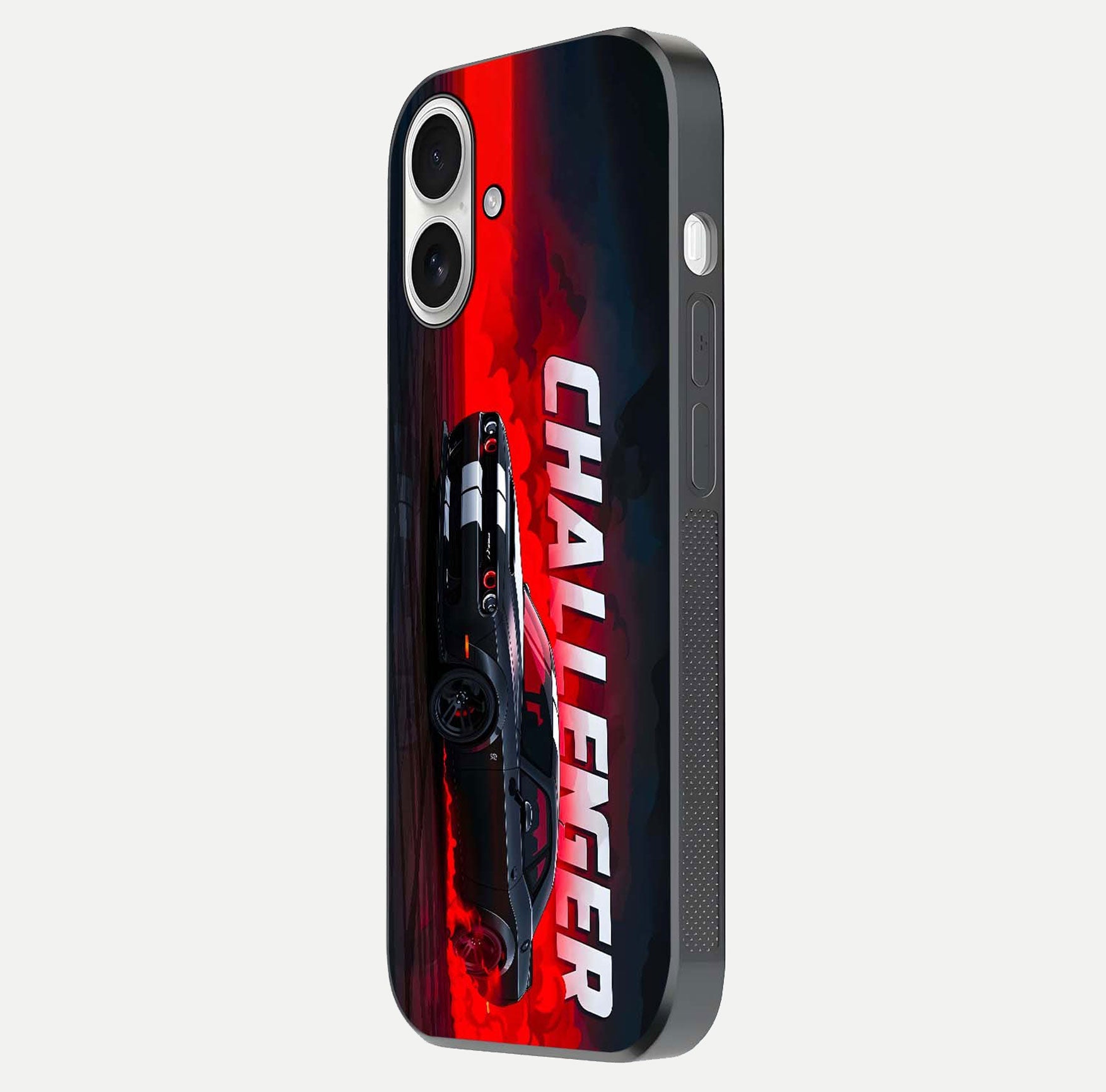 Crimson Challenger Fury Glass Case for iPhone 17 side-angle image showing curve reflection and red finish