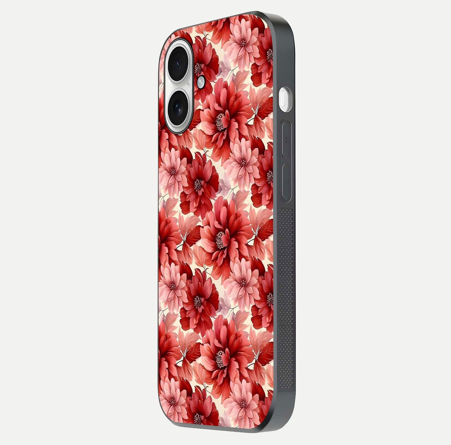 Crimson Love Petals Glass Case for iPhone 17 side-angle photo showing reflection glow and edge clarity