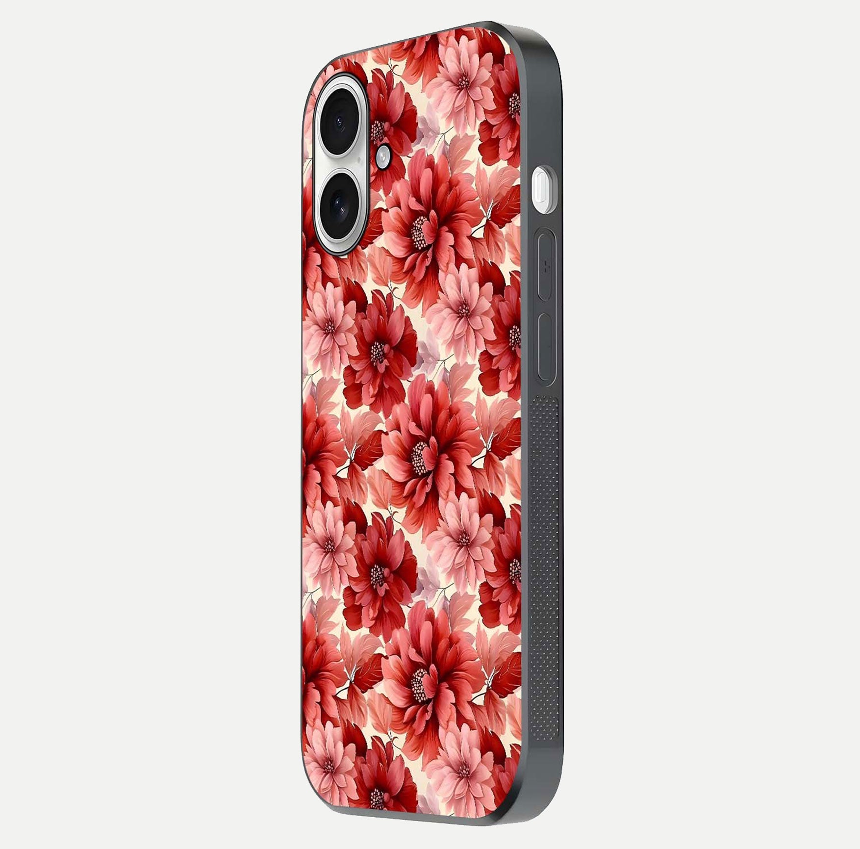 Crimson Love Petals Glass Case for iPhone 17 side-angle photo showing reflection glow and edge clarity
