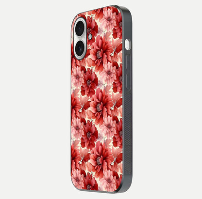 Crimson Love Petals Glass Case for iPhone 17 side-angle photo showing reflection glow and edge clarity