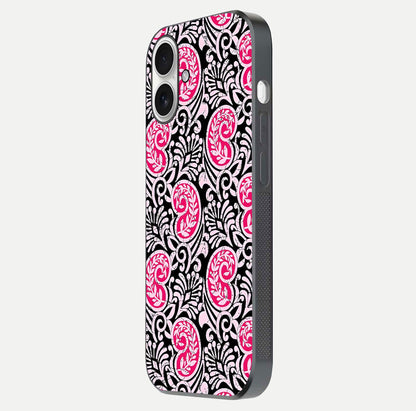 Crimson Paisley Charm Glass Case for iPhone 17 side-angle image showing reflection and smooth edges