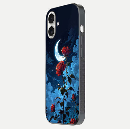 Crimson Rose Moon Glass Case for iPhone 17 side-angle photo showing reflective texture and smooth curve