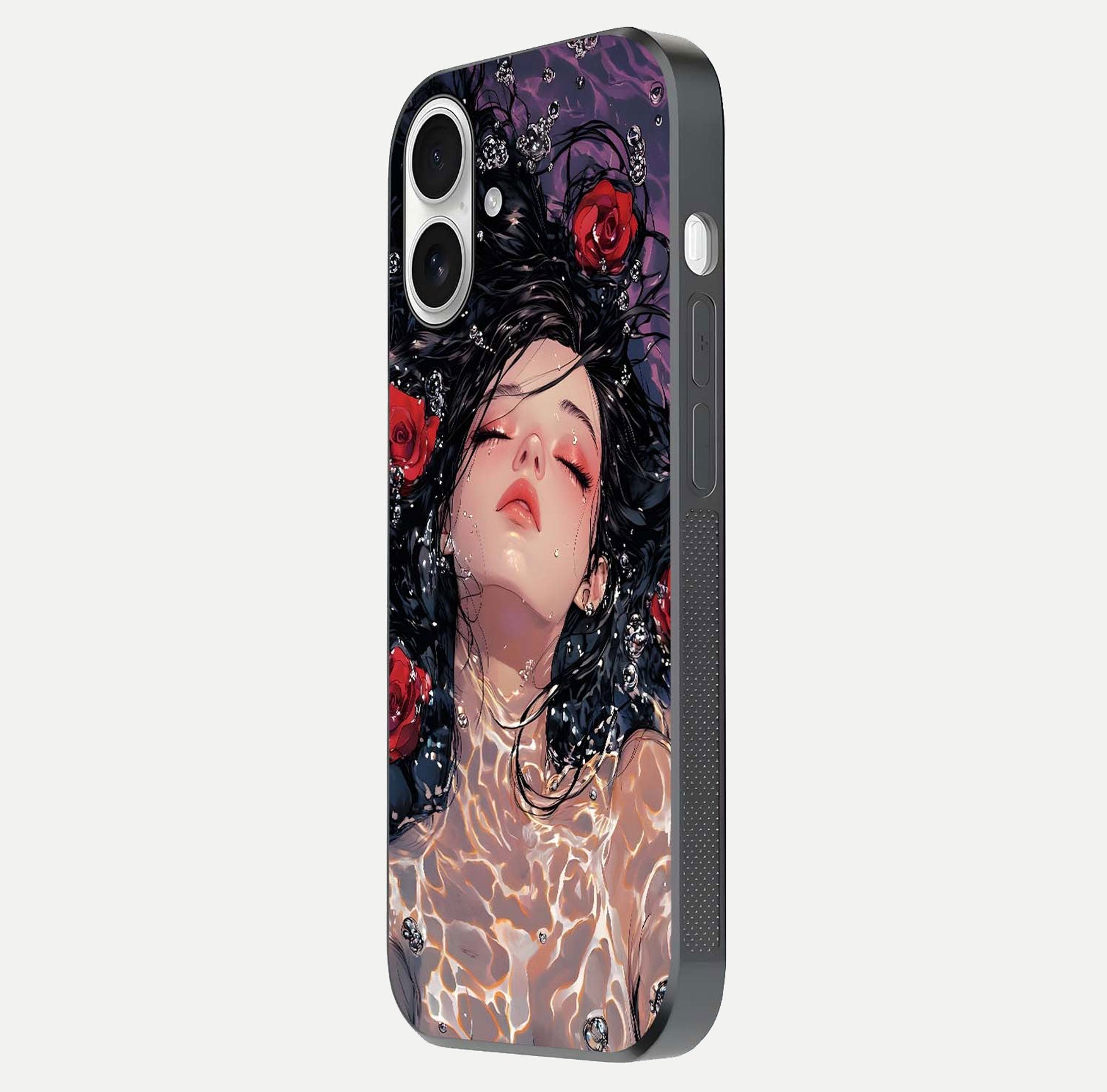 Crimson Rose Serenity Glass Case for iPhone 17 side-angle photo showing glass reflection and soft edges