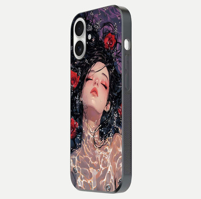 Crimson Rose Serenity Glass Case for iPhone 17 side-angle photo showing glass reflection and soft edges