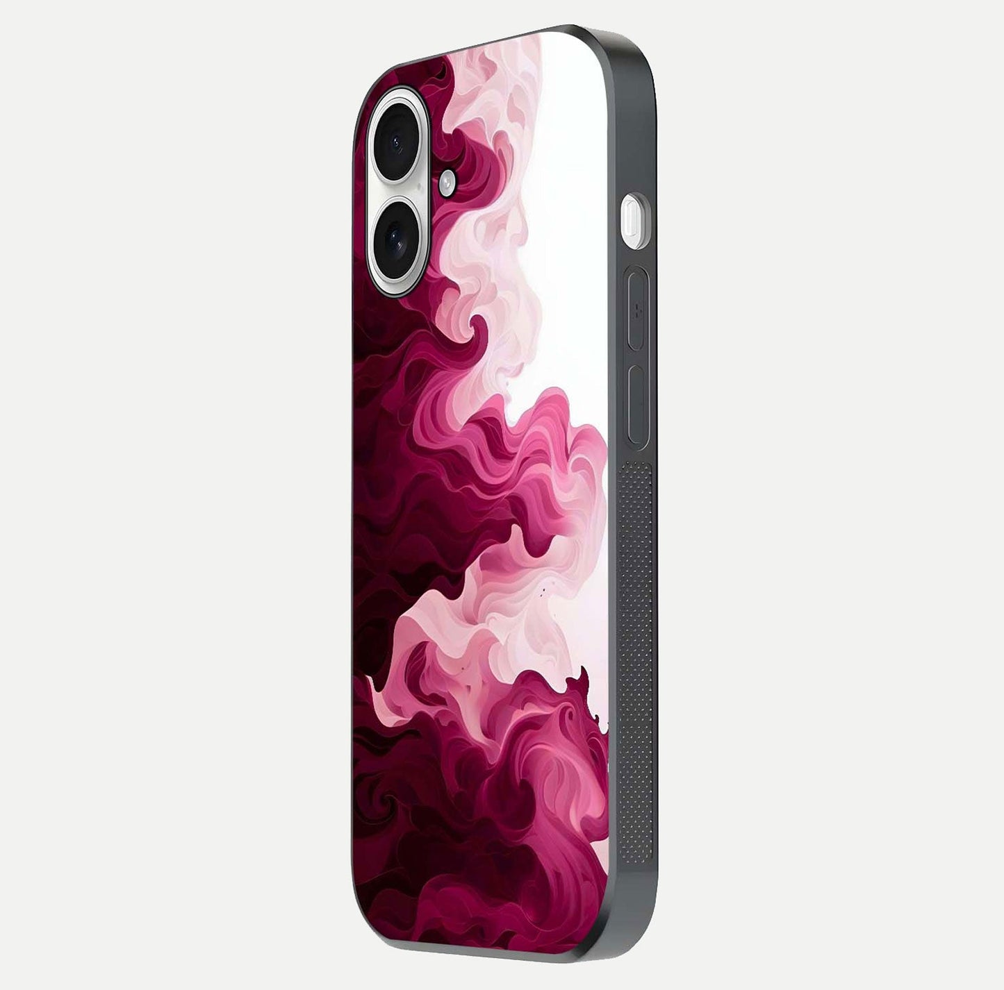 Crimson Wave Flow Glass Case for iPhone 17 side-angle photo showing reflection glow and HD finish