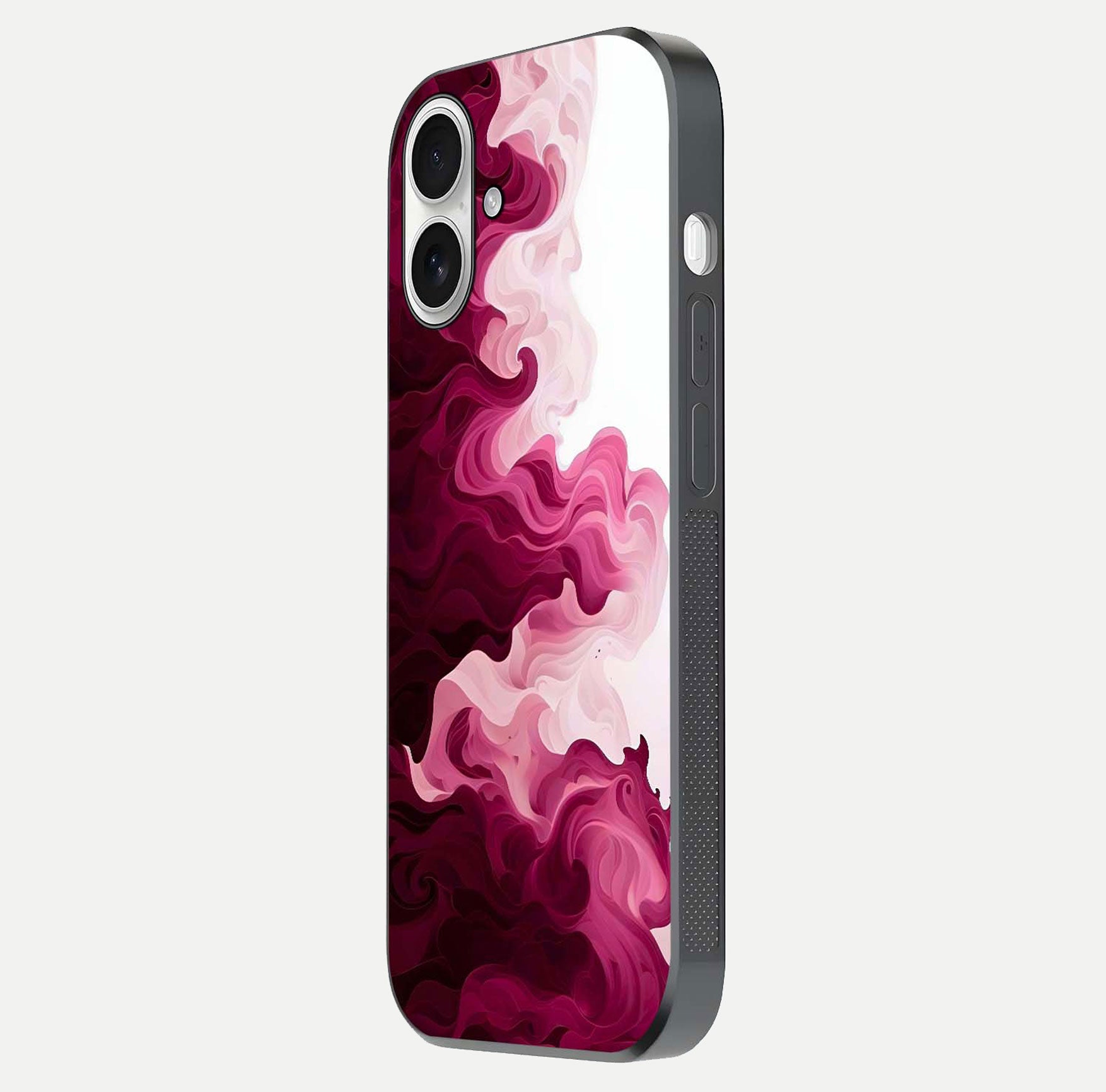 Crimson Wave Flow Glass Case for iPhone 17 side-angle photo showing reflection glow and HD finish