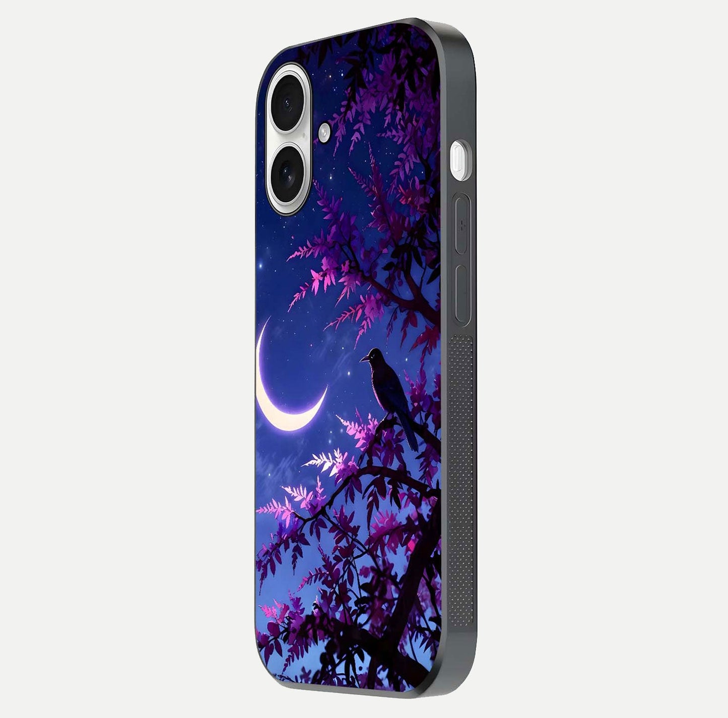 Crow & Moon Scenery Glass Case for iPhone 17 side-angle photo capturing glossy shine and artistic contrast