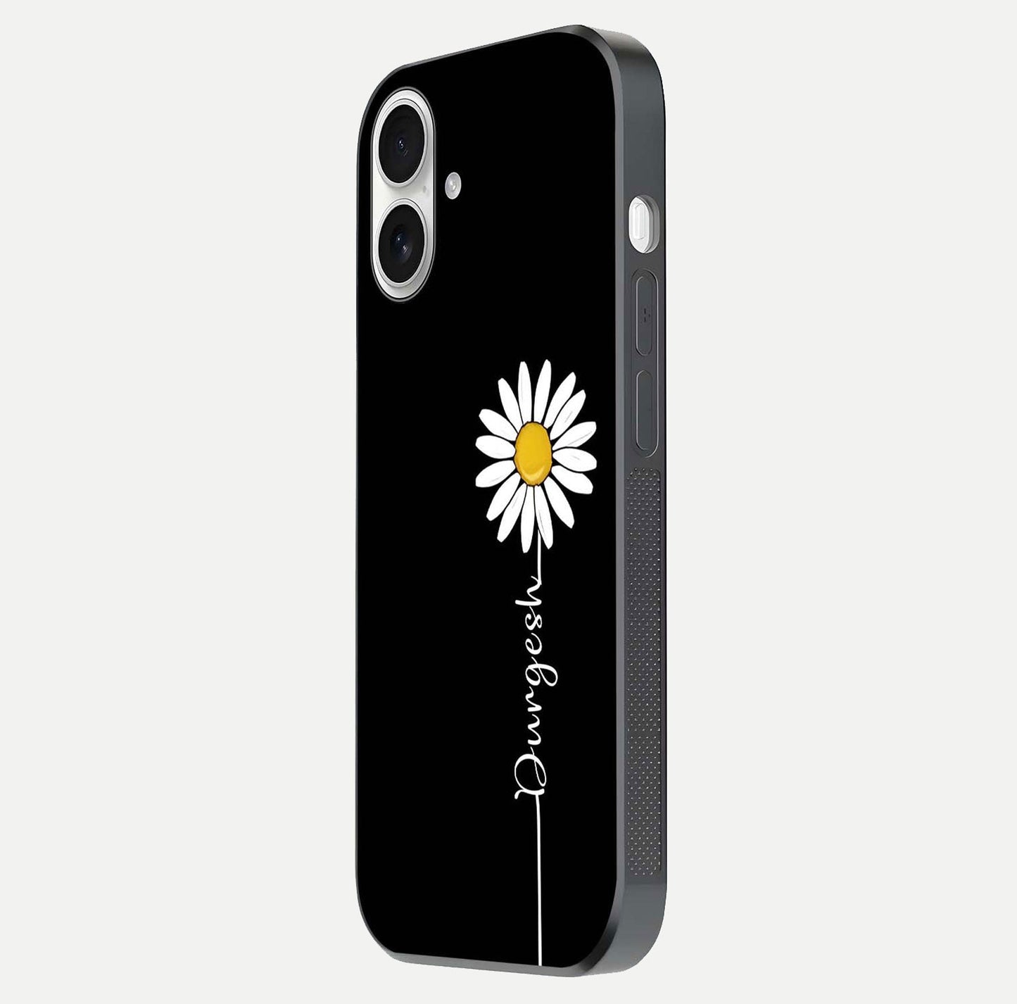 Custom Name White Flower Glass Case for iPhone 17 side-angle photo showing reflection shine and name clarity