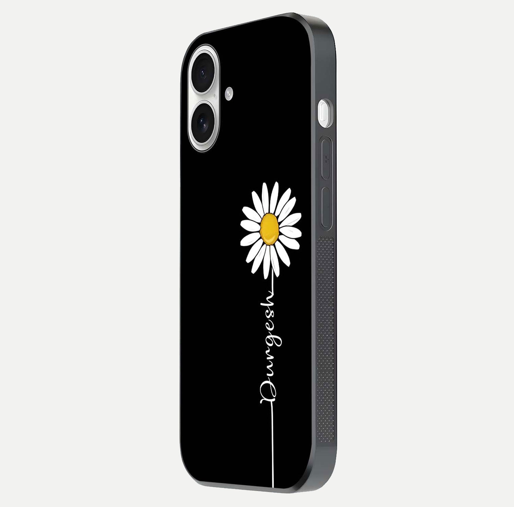 Custom Name White Flower Glass Case for iPhone 17 side-angle photo showing reflection shine and name clarity