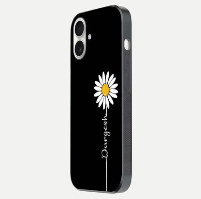 Custom Name White Flower Glass Case for iPhone 17 side-angle photo showing reflection shine and name clarity