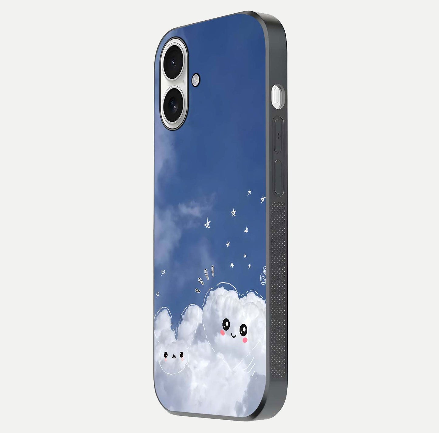 Cute Blossom Cloud Glass Case for iPhone 17 side-angle image capturing gloss texture and curve reflection