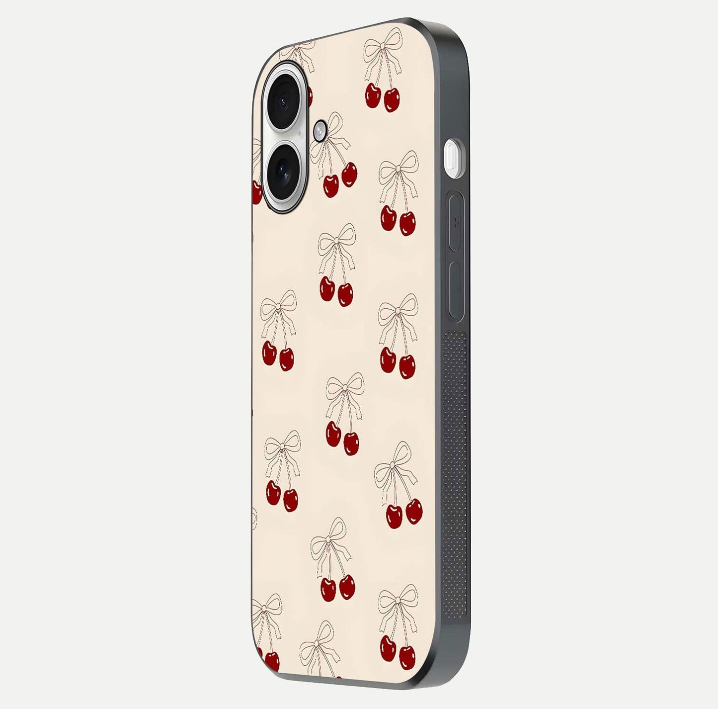 Cute Cherry Pattern Glass Case for iPhone 17 side-angle photo highlighting gloss curve and pattern clarity
