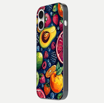 Cute Fruits Art Glass Case for iPhone 17 side-angle photo showing reflective finish and smooth edges