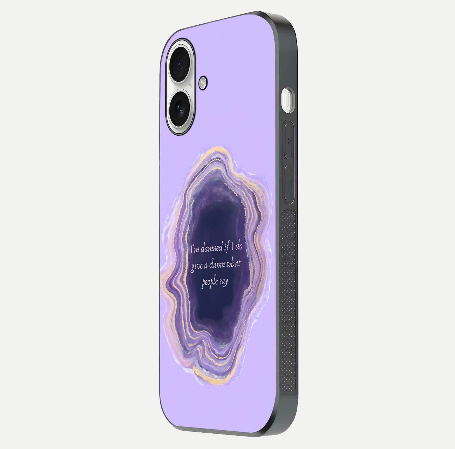 Damned People Quote Glass Case for iPhone 17 side-angle image showing light shine and smooth edges