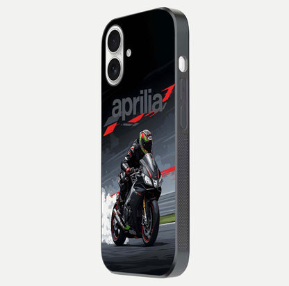 Dark Aprilla Glass Case for iPhone 17 side-angle photo showing reflection gloss and curved edge finish