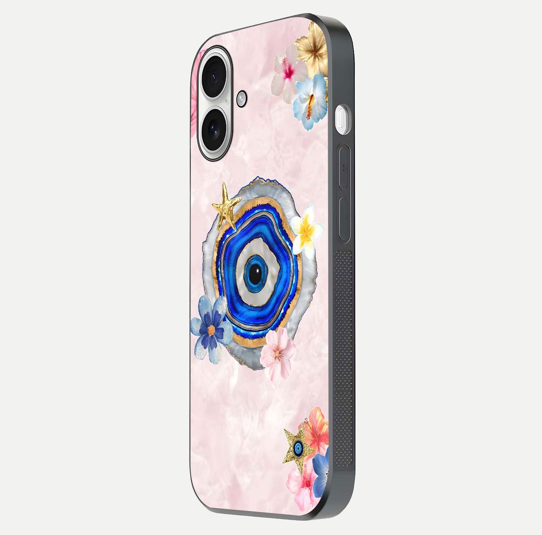 Divine Aura Bloom Glass Case for iPhone 17 side-angle photo capturing reflection glow and premium polish