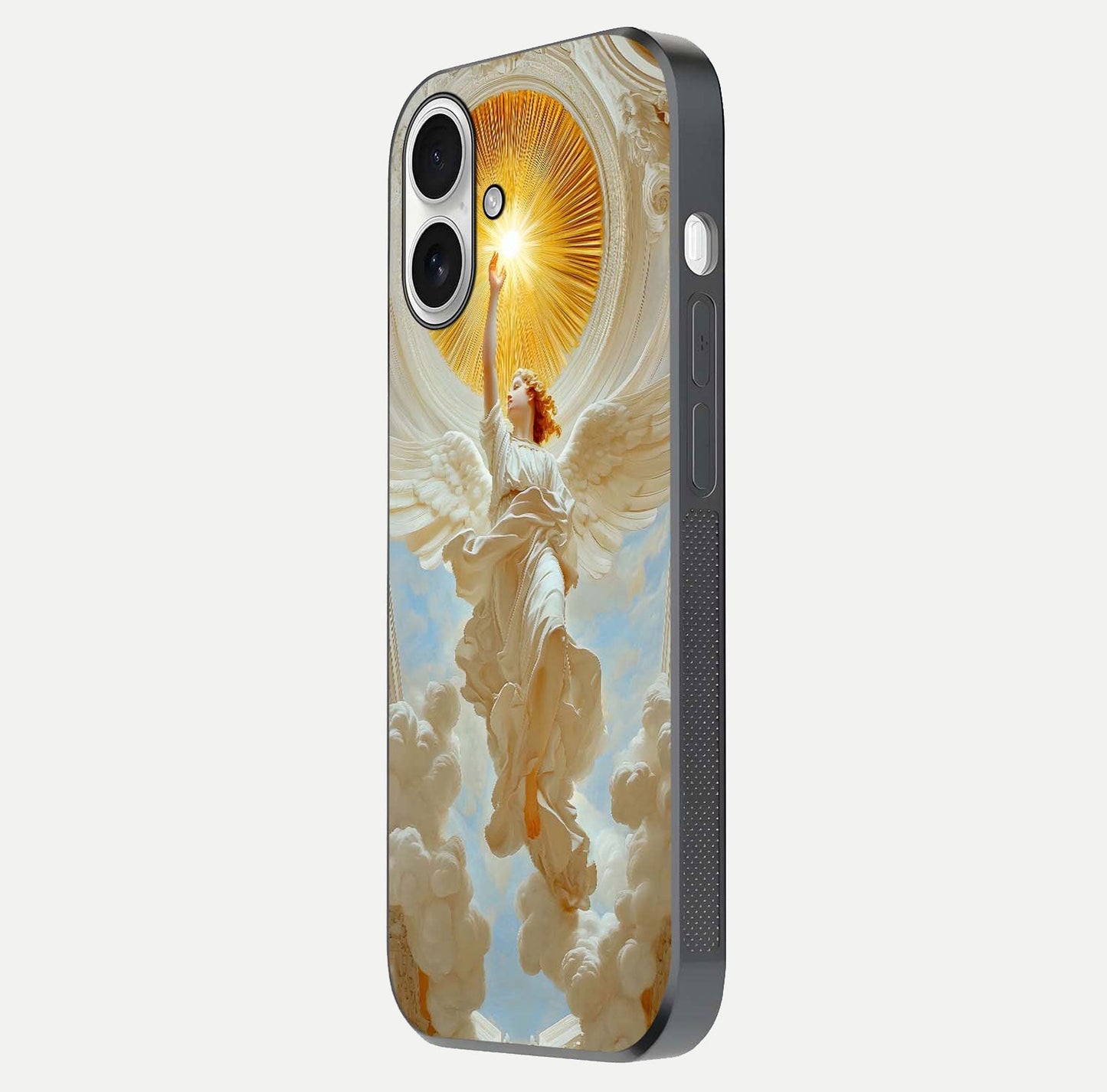 Divine Light Angel Glass Case for iPhone 17 side-angle image capturing reflection shine and edge finish