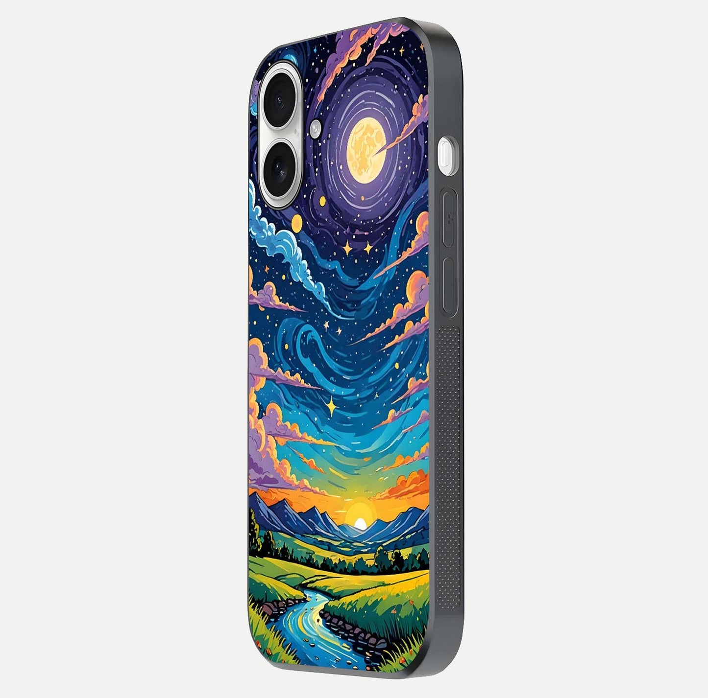 Dreamy Night Landscape Glass Case for iPhone 17 side-angle photo capturing reflection glow and edge detail