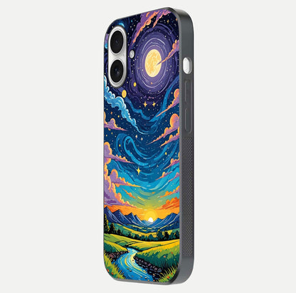 Dreamy Night Landscape Glass Case for iPhone 17 side-angle photo capturing reflection glow and edge detail